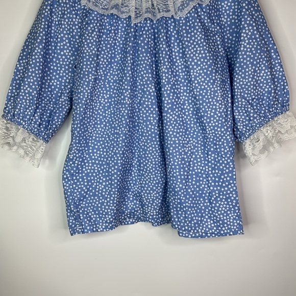 Vintage Pitchfork Brand Western Polka Dot Blue Lace Short Sleeve Shirt Medium - Picture 6 of 7